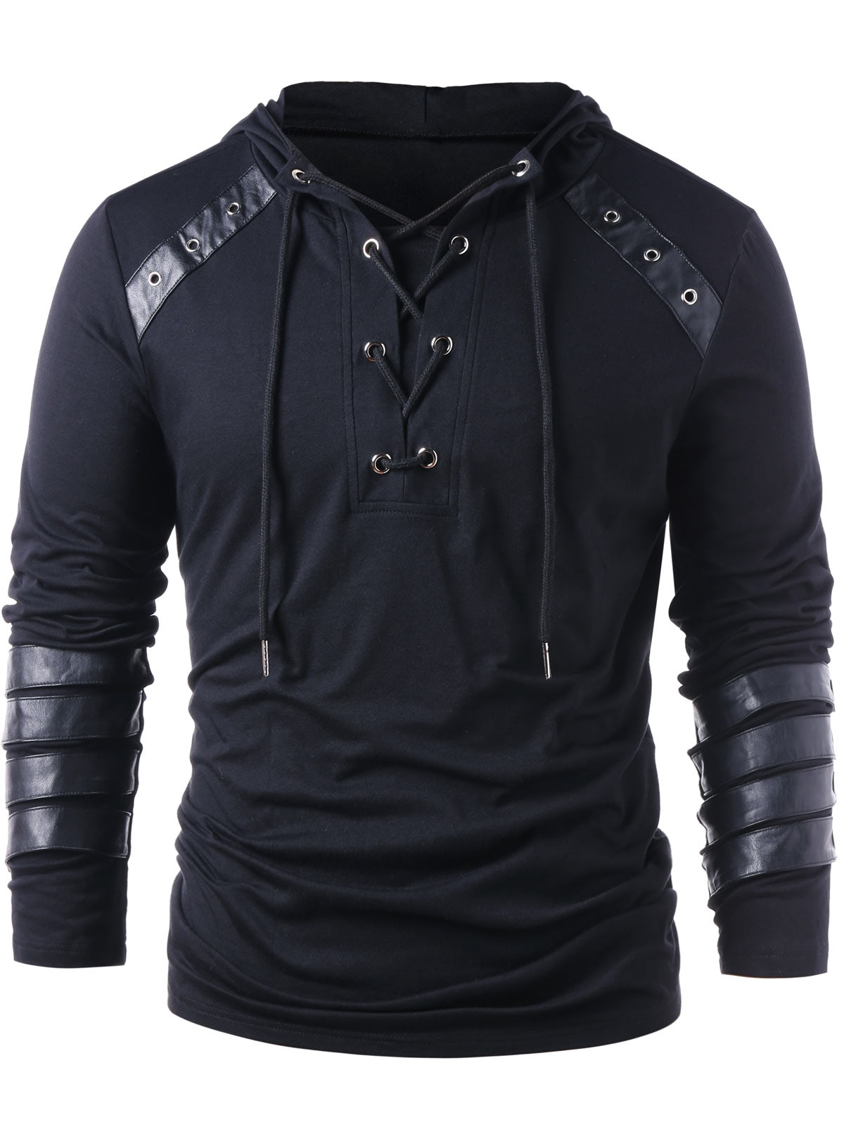 Men's Faux Leather Lace Up Hoodie Long Sleeve Streetwear Retro Steampunk Gothic Vintage Medieval Top Shirt Viking Elven Valhalla Men's Masquerade Party Evening Shirt