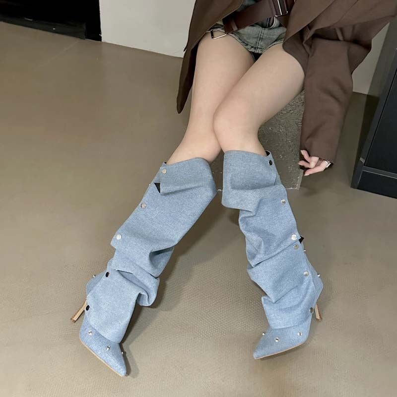 Women's Snap Buttons Denim Boots Removable Uppers Women Knee Length Denim Boots