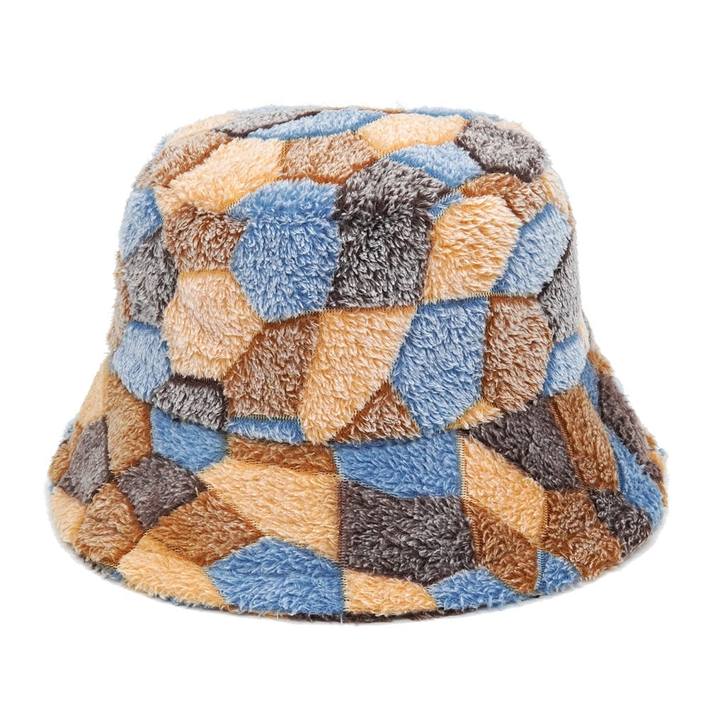 Colorful Unique Autumn Winter Camouflage Faux Fur Bucket Hats Fashion Warm Soft Velvet Fluffy Fisherman Hat Ladies Outdoor Panama