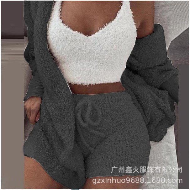 Women's Winter Plush Pajama Crop Top Shorts Set Casual Three-Piece Set 3-Pcs Pajamas Long Sleeved Shorts sports set