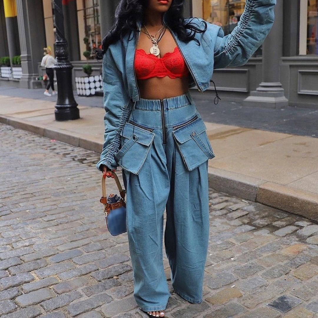 Women's Fashion Denim Loose Fit Wide Leg Pants Casual Crop Short Jacket Denim Suit Women's Two-piece Set