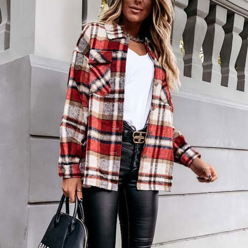 Autumn Long Plaid Shacket Women Shirt Jacket Coat Overshirt Winter Checkered Jacket Female Long Sleeve Shirt Jacket For Women