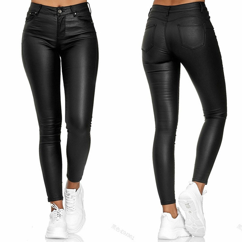 Women's Fall and Winter High Waist Solid Color Faux Leather Casual Pants Faux Leather Pants Long Pants Women