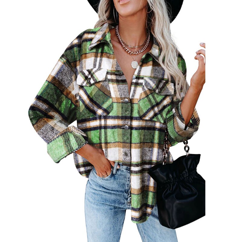 Autumn Long Plaid Shacket Women Shirt Jacket Coat Overshirt Winter Checkered Jacket Female Long Sleeve Shirt Jacket For Women