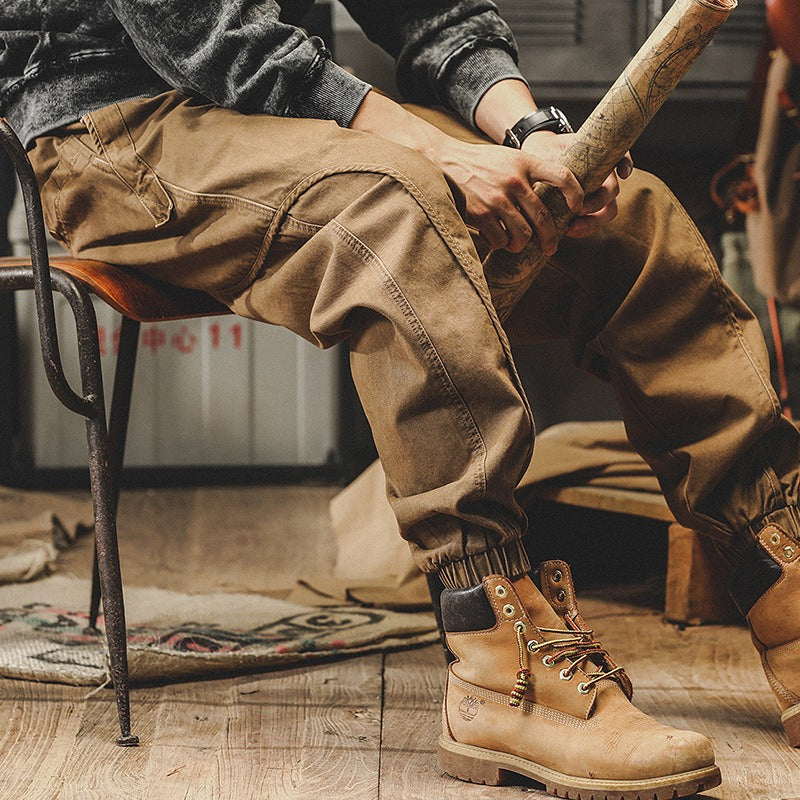 Men's Baggy Heavyweight Cargo Pants Retro Work Pants Men's Fall Loose Fit Casual Pants Men's Autumn Wide Leg Strap Pants