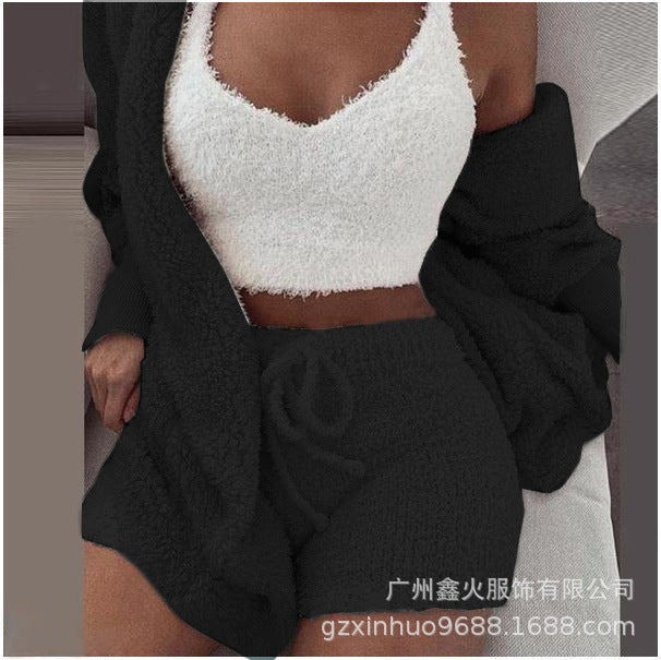 Women's Winter Plush Pajama Crop Top Shorts Set Casual Three-Piece Set 3-Pcs Pajamas Long Sleeved Shorts sports set