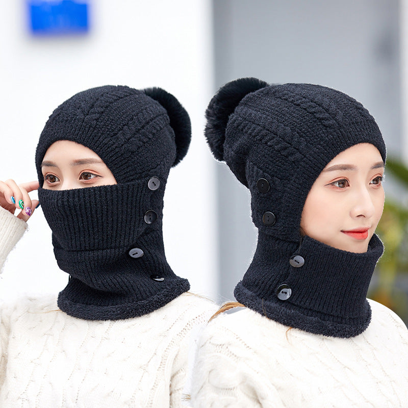 Winter Women's All in One Warm Hat Knitted Neck Scar Mask One Piece Hat Outdoor Cycling Plush Wool Hat