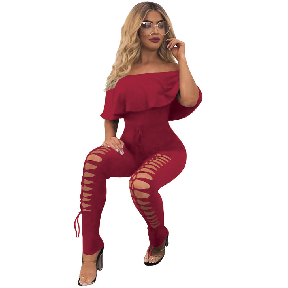 Women's Fall Off-The-Shoulder Ripped Cut out Jumpsuit