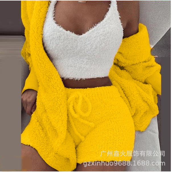 Women's Winter Plush Pajama Crop Top Shorts Set Casual Three-Piece Set 3-Pcs Pajamas Long Sleeved Shorts sports set