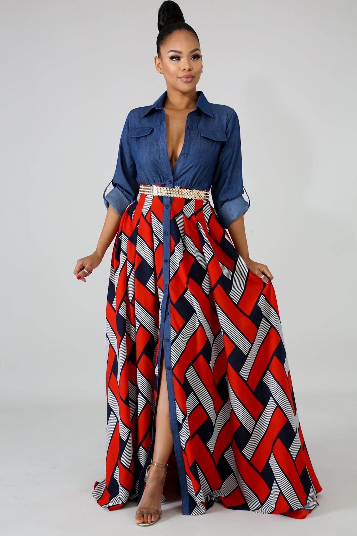 Women's Jean and African Print Maxi Dress