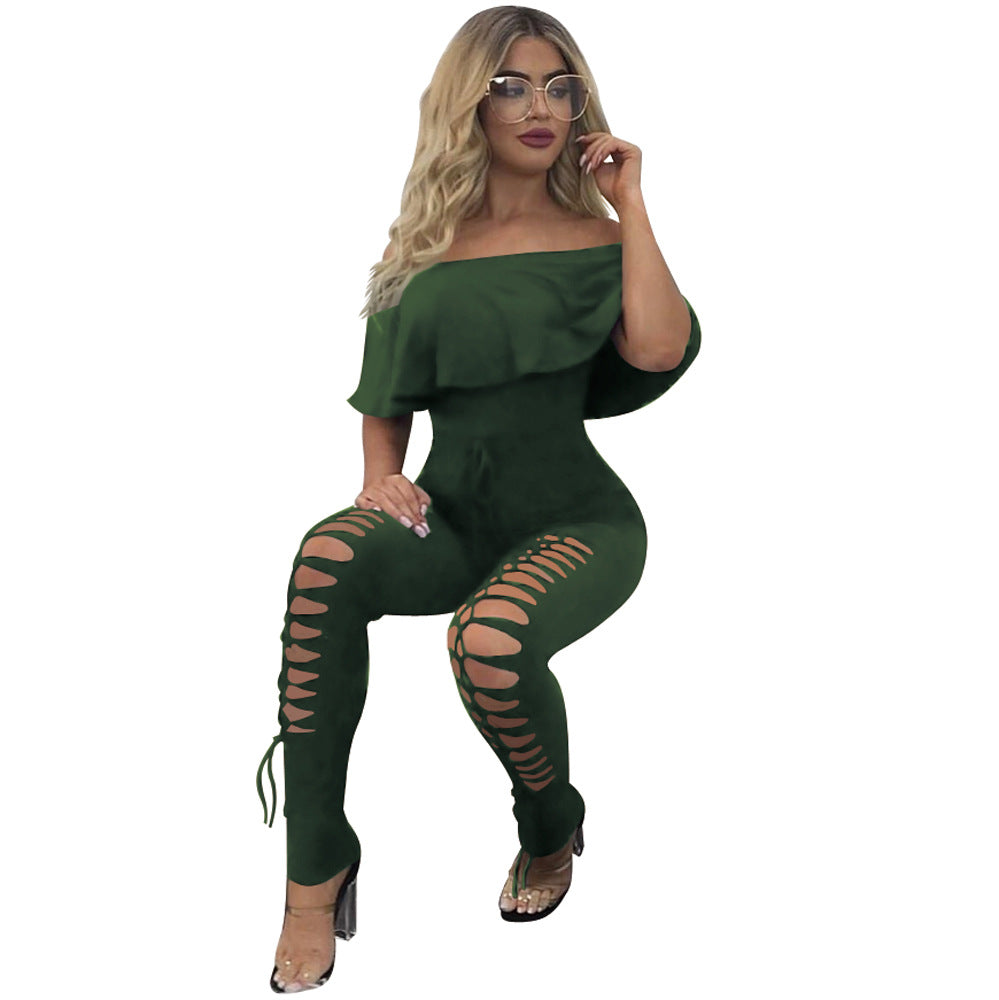 Women's Fall Off-The-Shoulder Ripped Cut out Jumpsuit