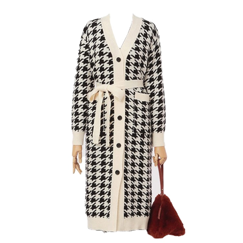 Women's Sweater Dress Set Fashion Vintage Style V-Neck Long Knitted Sweater Coat and Houndstooth Vest Dress Two-Piece Suit