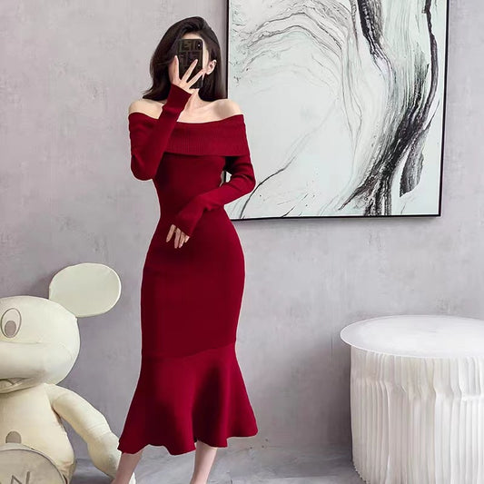 Women's Knit Off-Shoulder Mermaid Dress Red Solid Color High End Fall Dress