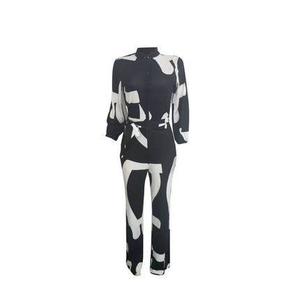 Women's Fall New Sexy Long Sleeve Lace Up Printed Jumpsuit