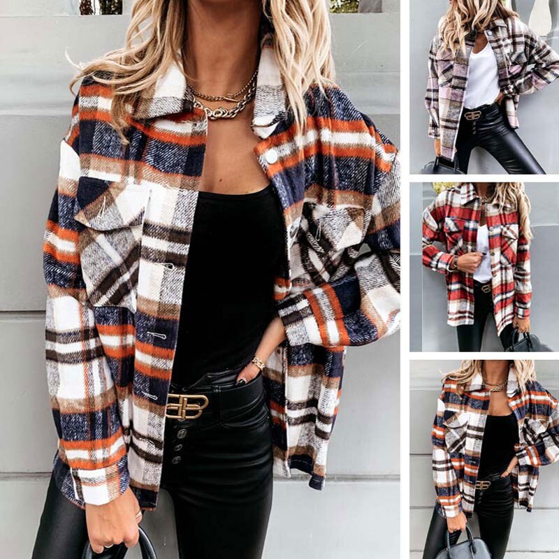 Autumn Long Plaid Shacket Women Shirt Jacket Coat Overshirt Winter Checkered Jacket Female Long Sleeve Shirt Jacket For Women