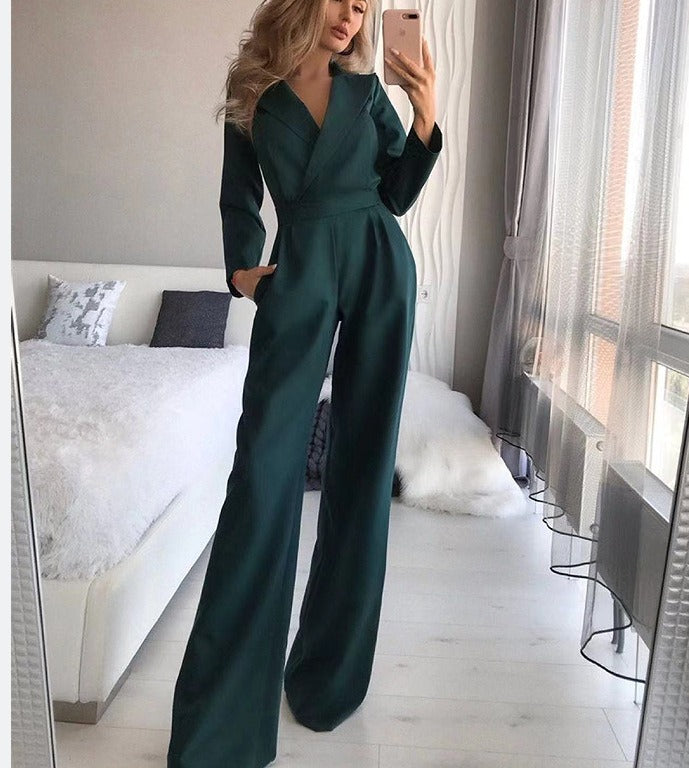 Women's Fall Long Sleeve Jumpsuit with Pockets Mid Waist Solid Color V Neck