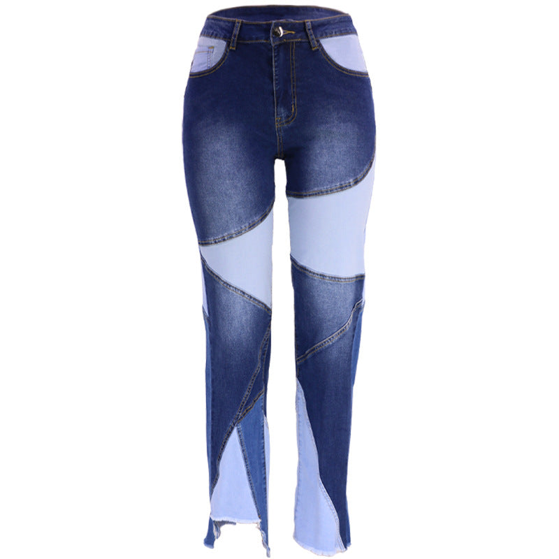 Women's Patchwork Denim Jean Trousers Street Fashion Trend Jeans