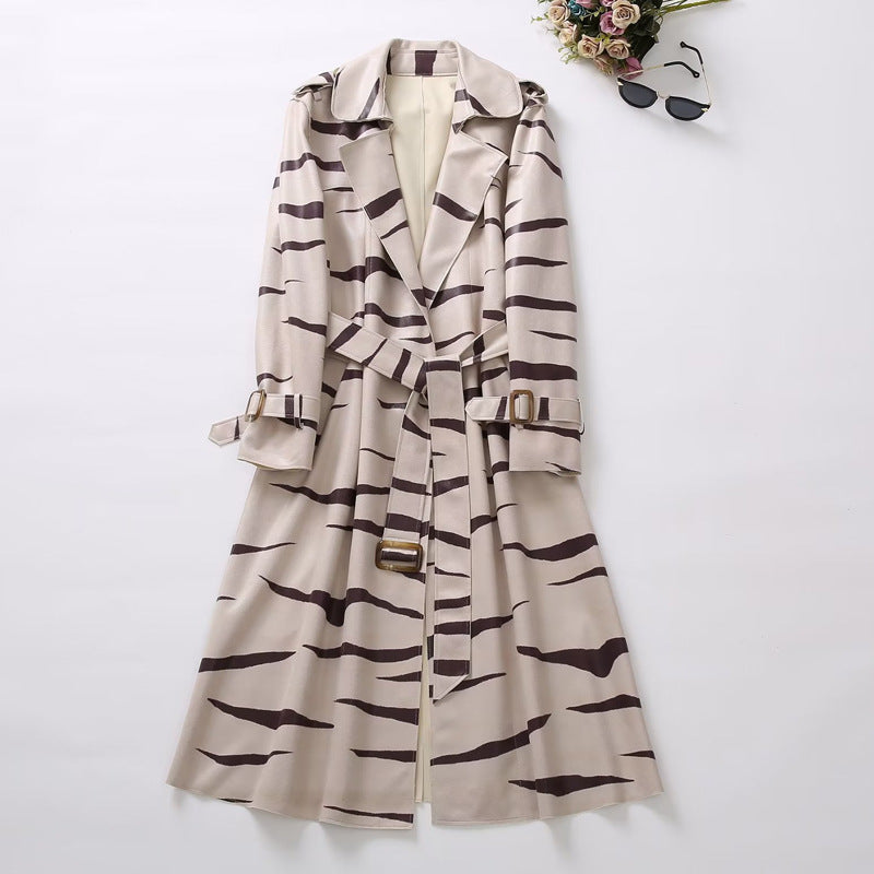 Women's Fall Fashion Runway Tiger Print Trench Coat Autumn Winter Trench Coat Women Turn-down Collar Belted Stripe Print Vintage Overcoat Outerwear