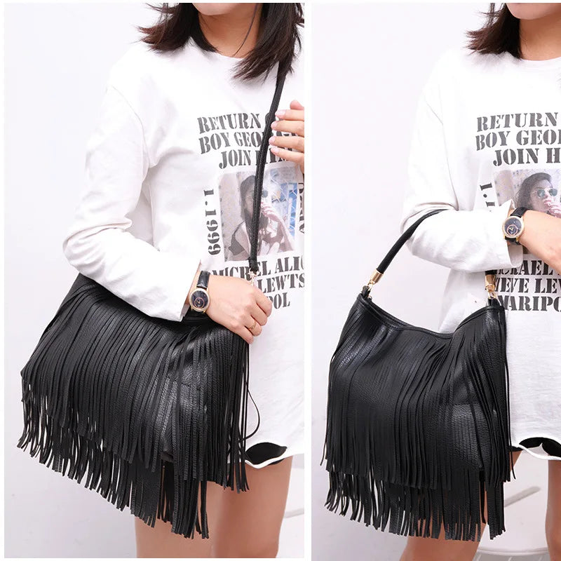 Womens Tassels Crossbody HandBag Solid Color Soft Leather Double Side Tassel Bag Women's Bag single Shoulder Cross Arm bag