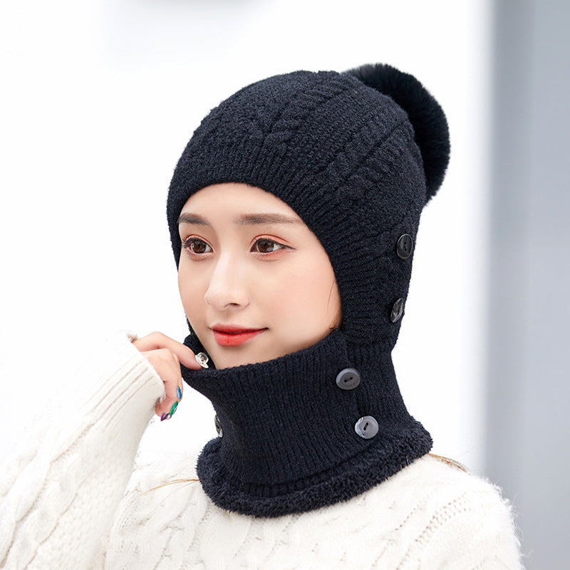 Winter Women's All in One Warm Hat Knitted Neck Scar Mask One Piece Hat Outdoor Cycling Plush Wool Hat