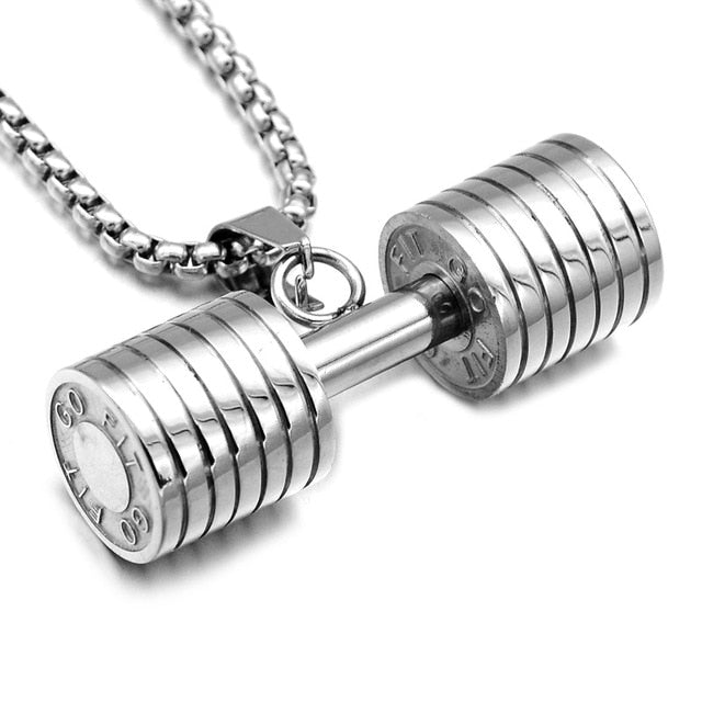 Men Women Unisex Gold Color Titanium Stainless Steel GO FIT Dumbbell Gym Fitness Barbell Pendant Necklace Sports Jewelry