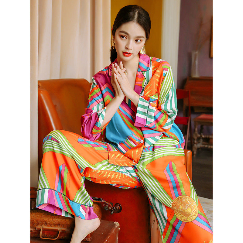 Pajamas Women's Fall Long-Sleeved Pants Thin Silk Ice Silk Two-Piece Loungewear Ladies Can Wear Two-Piece Suit