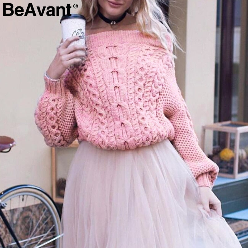 Women's Twist Knitted Off Shoulder Sweater with Batwing Sleeve Pullover Loose Fit Casual Knit