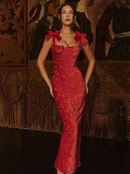 Bows Lace Sexy Maxi Dress For Women Red