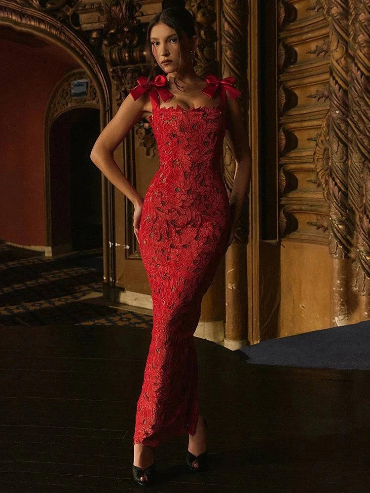 Bows Lace Sexy Maxi Dress For Women Red Model View