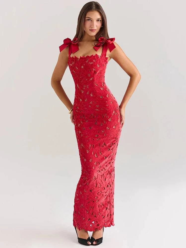 Bows Lace Sexy Maxi Red Dress For Women