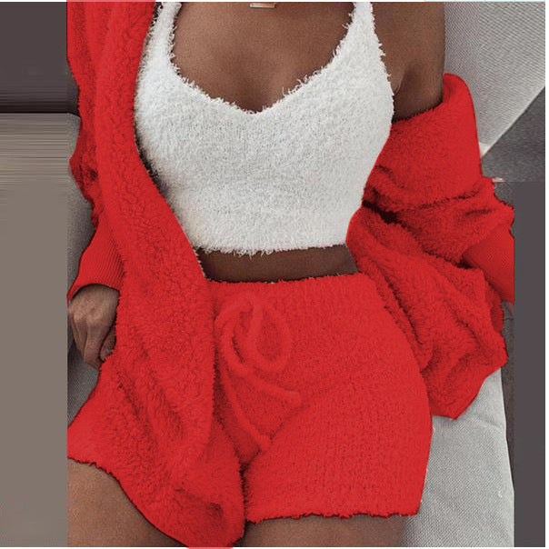 Women's Winter Plush Pajama Crop Top Shorts Set Casual Three-Piece Set 3-Pcs Pajamas Long Sleeved Shorts sports set