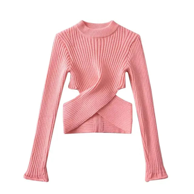 Women's Cut Out Knitted Pullover Sweater Round Neck Slim Long Sleeve Hollow Out Cross Waist Bottom Sweater