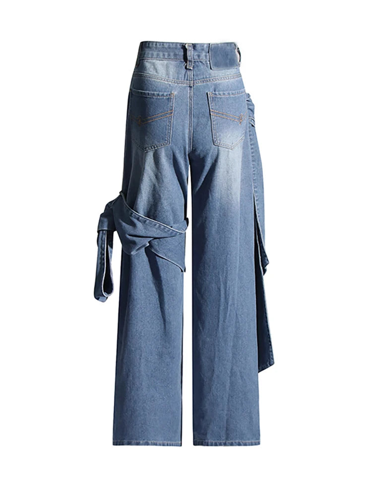 Women's Jeans High Rise Patchwork Asymmetric Bowknot Design Waist Straight Wide Leg Denim Pants