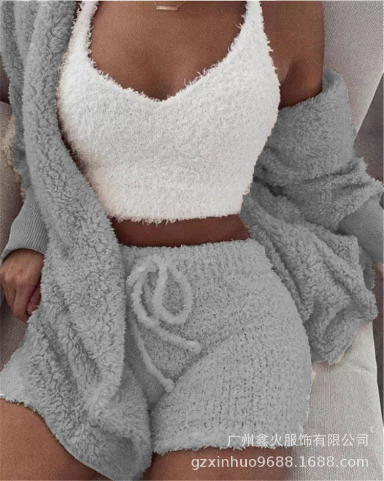 Women's Winter Plush Pajama Crop Top Shorts Set Casual Three-Piece Set 3-Pcs Pajamas Long Sleeved Shorts sports set