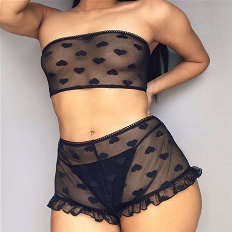 Women's Mesh Sheer Bra Set Underwear Women Sexy Lingerie Underwear Ruffle Lingerie Lace Mesh Sleepwear Nightwear Bra Briefs Set