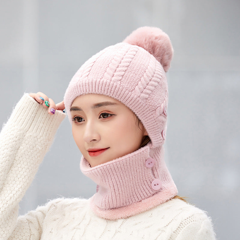 Winter Women's All in One Warm Hat Knitted Neck Scar Mask One Piece Hat Outdoor Cycling Plush Wool Hat