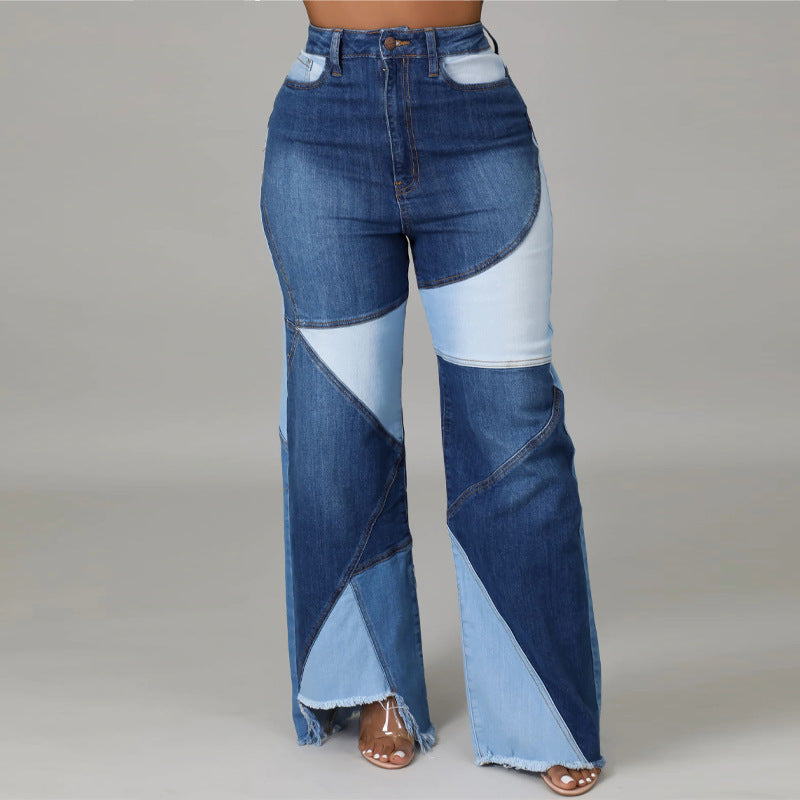 Women's Patchwork Denim Jean Trousers Street Fashion Trend Jeans