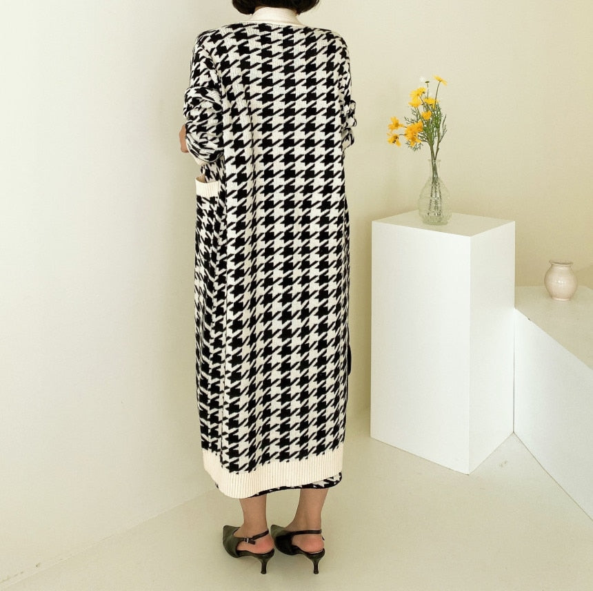 Women's Sweater Dress Set Fashion Vintage Style V-Neck Long Knitted Sweater Coat and Houndstooth Vest Dress Two-Piece Suit