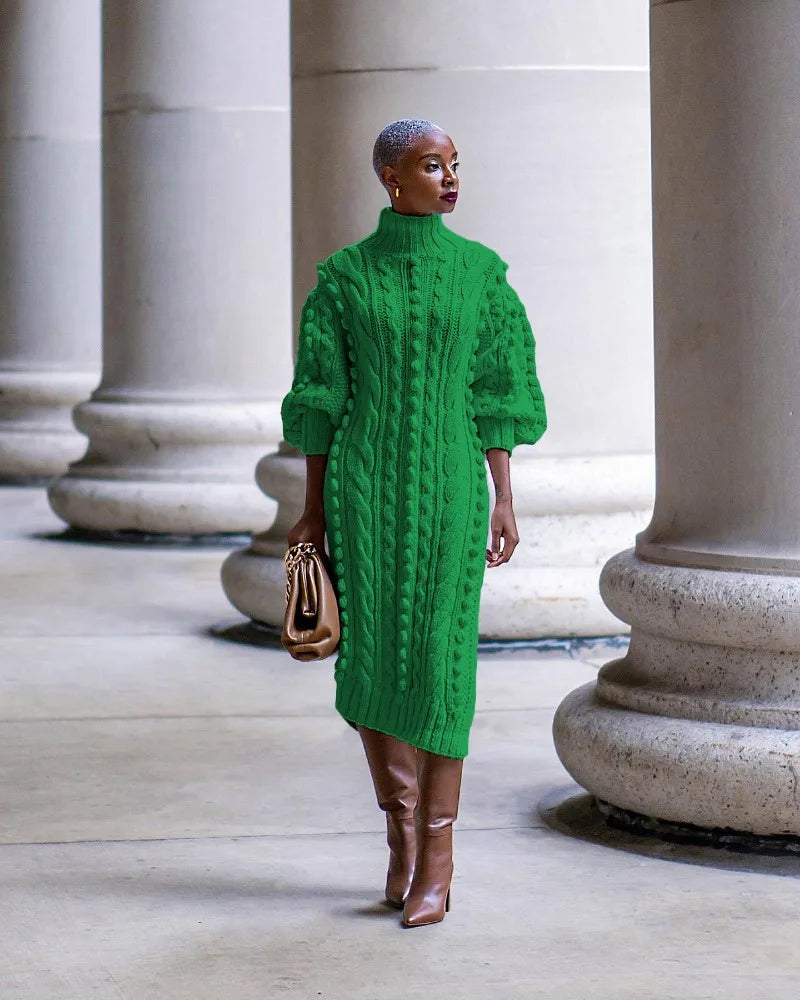 Women's Green Braid Knitted Casual Long Dress Fall Autumn Winter Turtleneck Long Sleeve Side Split Fashion Sweater Dresses Streetwear