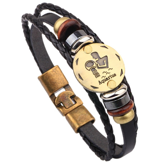 12 Horoscope Leather Bracelet Men Jewelry Vintage Retro Charm Bracelet Male Jewelry 8.2