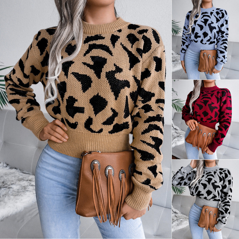 Women's Fall and Winter Casual Leopard Print Waist Knit Open Neck Sweater