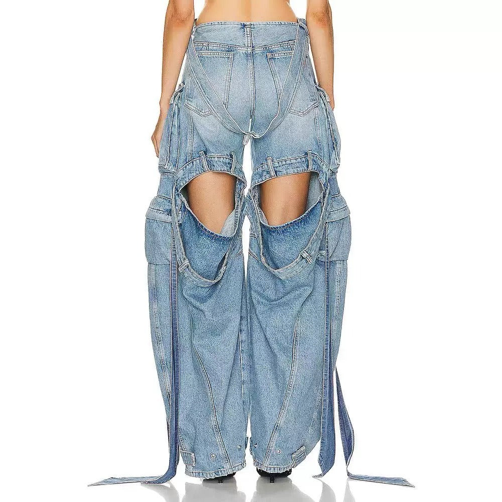 Women's Designer Cargo Denim Wide Leg Jeans Pants Decorative Straps Split Back Jeans