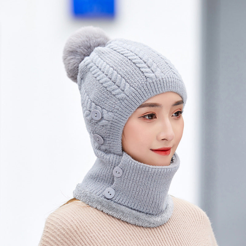 Winter Women's All in One Warm Hat Knitted Neck Scar Mask One Piece Hat Outdoor Cycling Plush Wool Hat