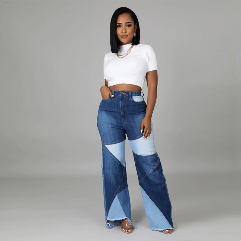 Women's Patchwork Denim Jean Trousers Street Fashion Trend Jeans