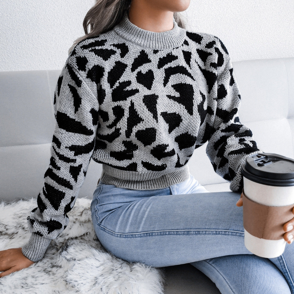 Women's Fall and Winter Casual Leopard Print Waist Knit Open Neck Sweater