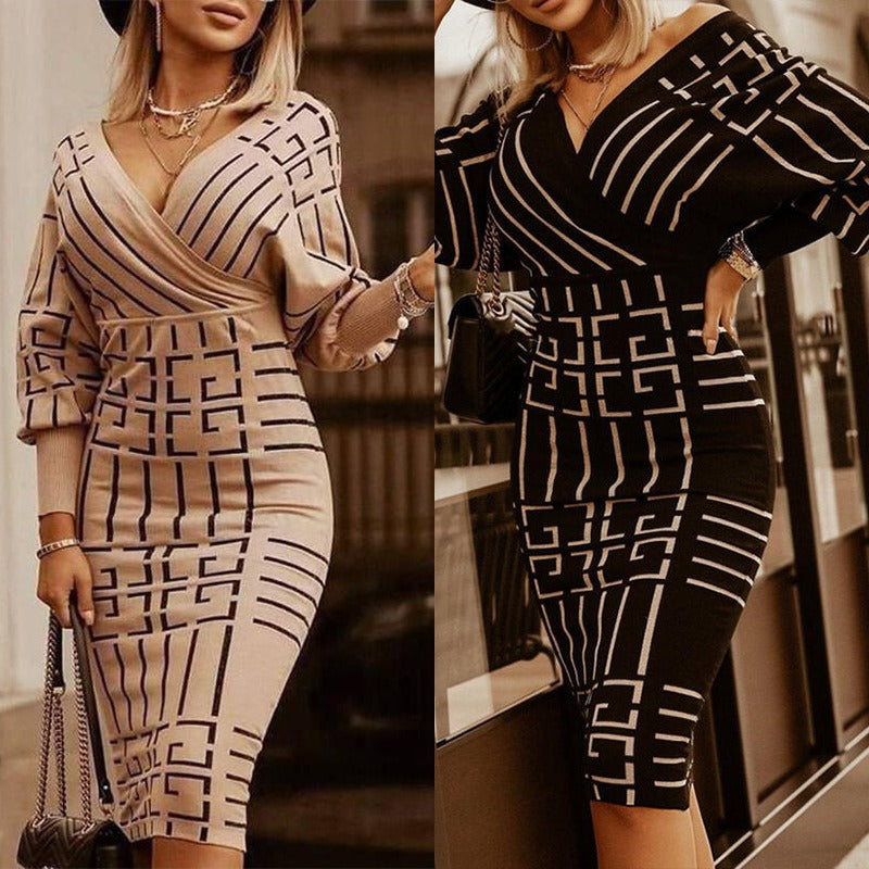 Women's Fall Fashion V-neck Geometric Bodycon Sweater Dress