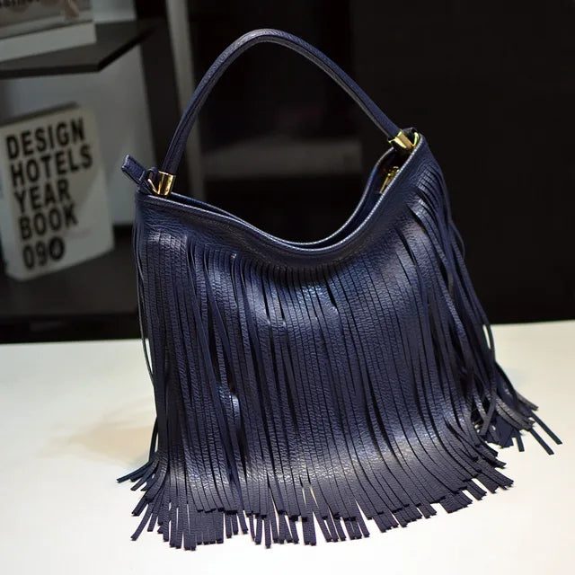 Womens Tassels Crossbody HandBag Solid Color Soft Leather Double Side Tassel Bag Women's Bag single Shoulder Cross Arm bag