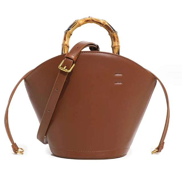 New design bucket bag fashion bamboo handle soft leather women bag single shoulder crossbody bag