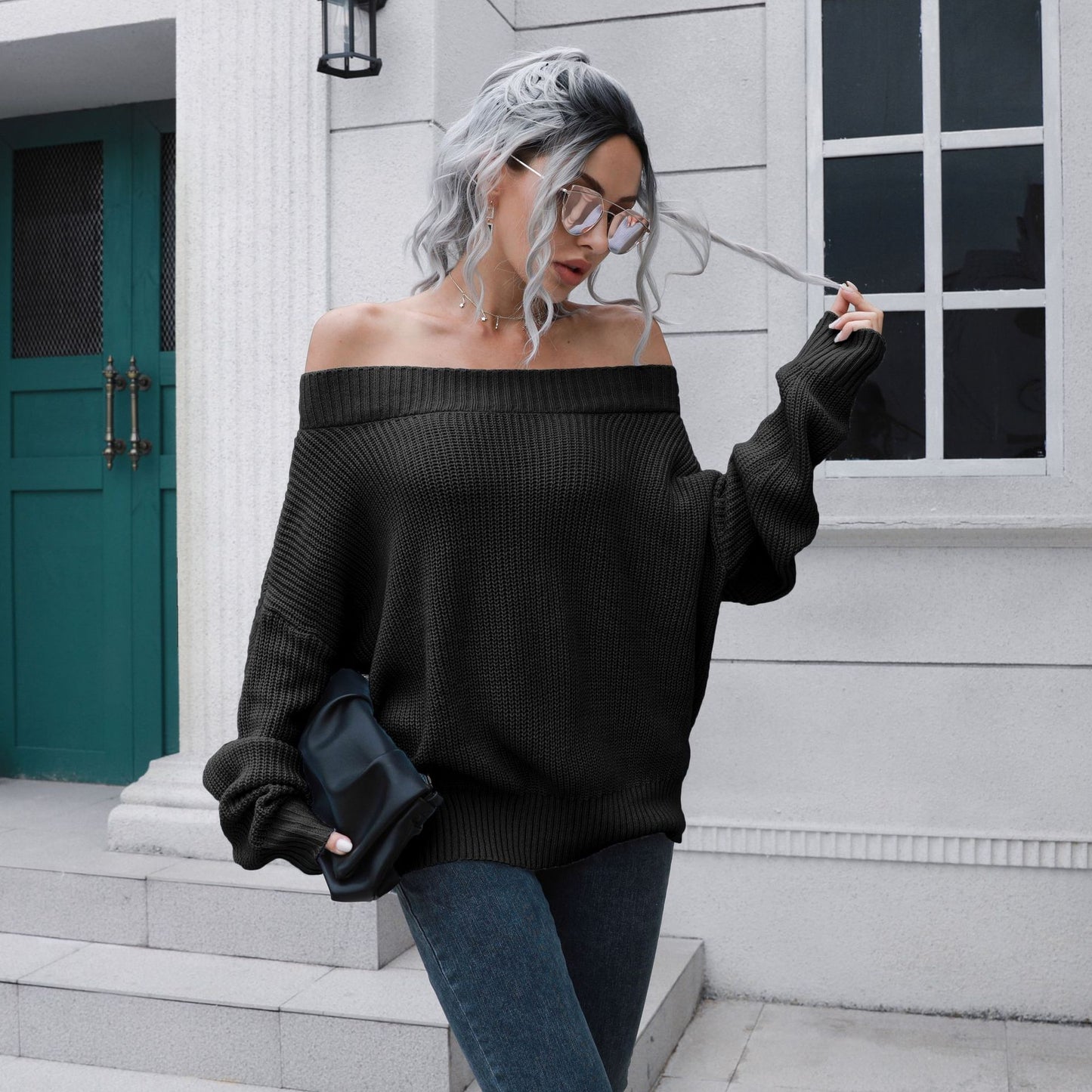 Women's Fall Winter Off Shoulder Knit Sweater Long Sleeve Loose Fit