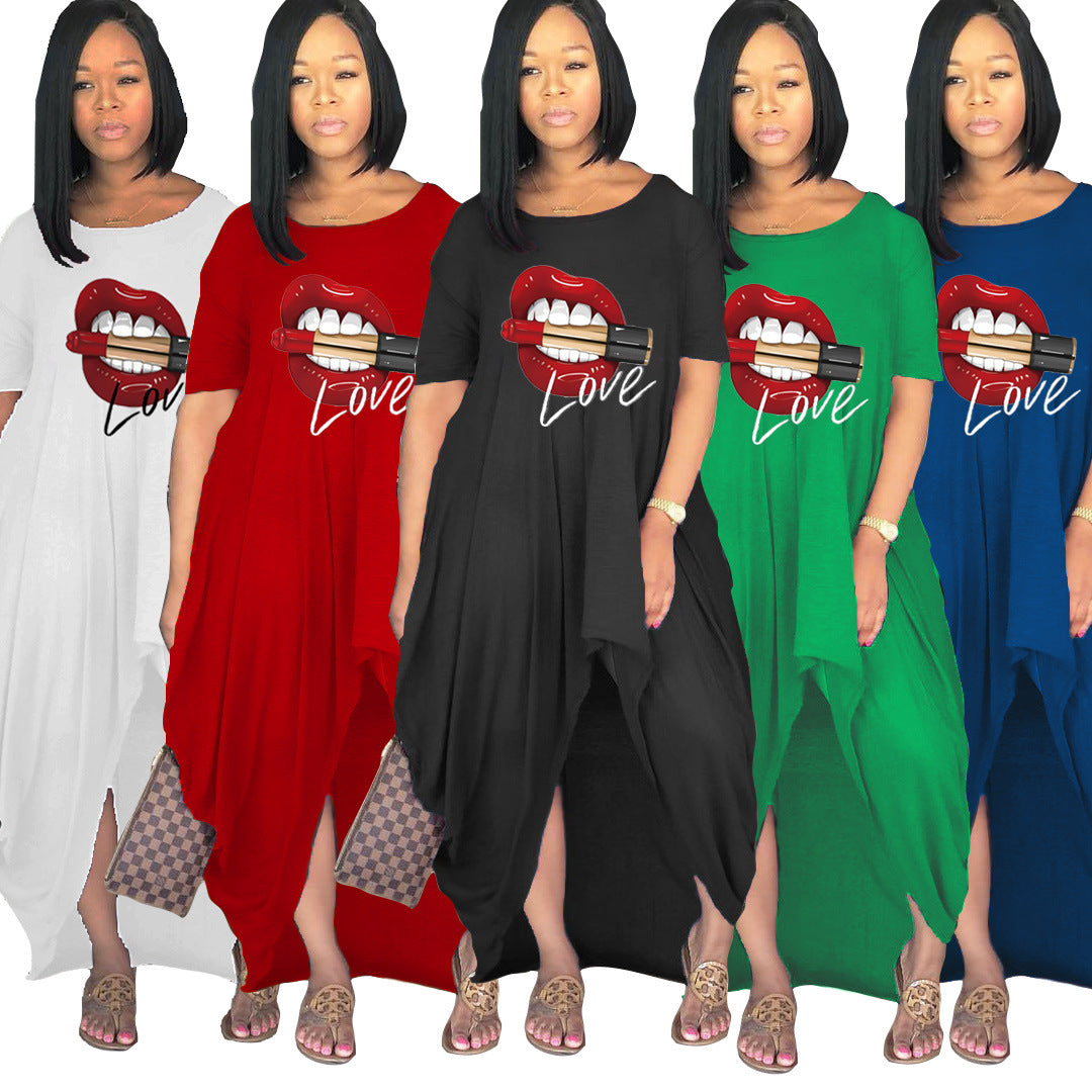 Plus Size Women Fashion Offset Lip Slit Long Short Sleeve Dress